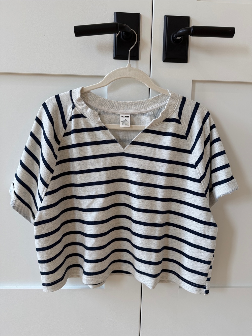 PINK Victoria's Secret White and Navy Striped Short Sleeve Tee - Crewneck
